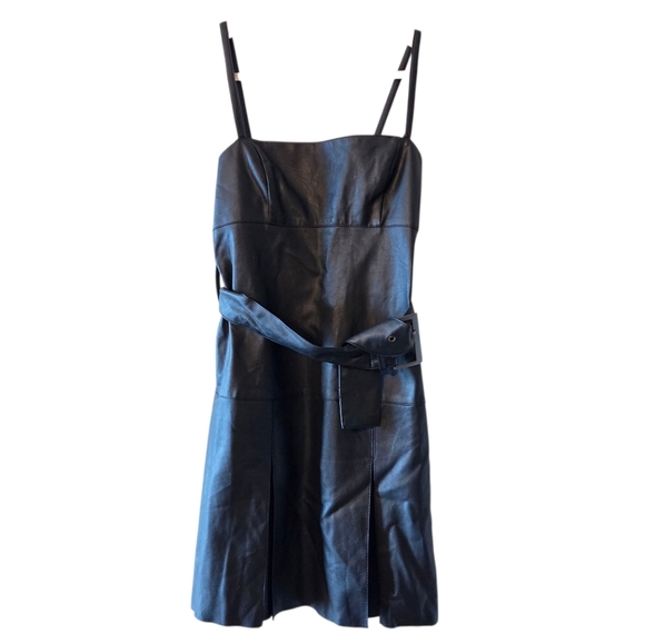 Free People Pleated Vegan Leather Boho Mini Buckle Moto Biker Black Dress Size 0 - Picture 4 of 13